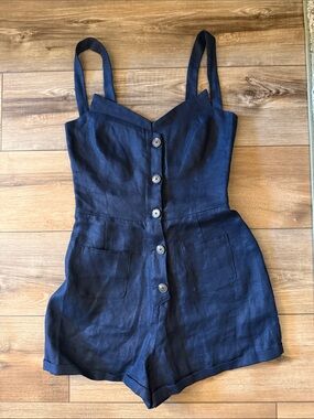 Reformation Navy Button-Front Linen Romper